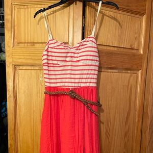 Lily Rose Coral and Cream summer belted dress.